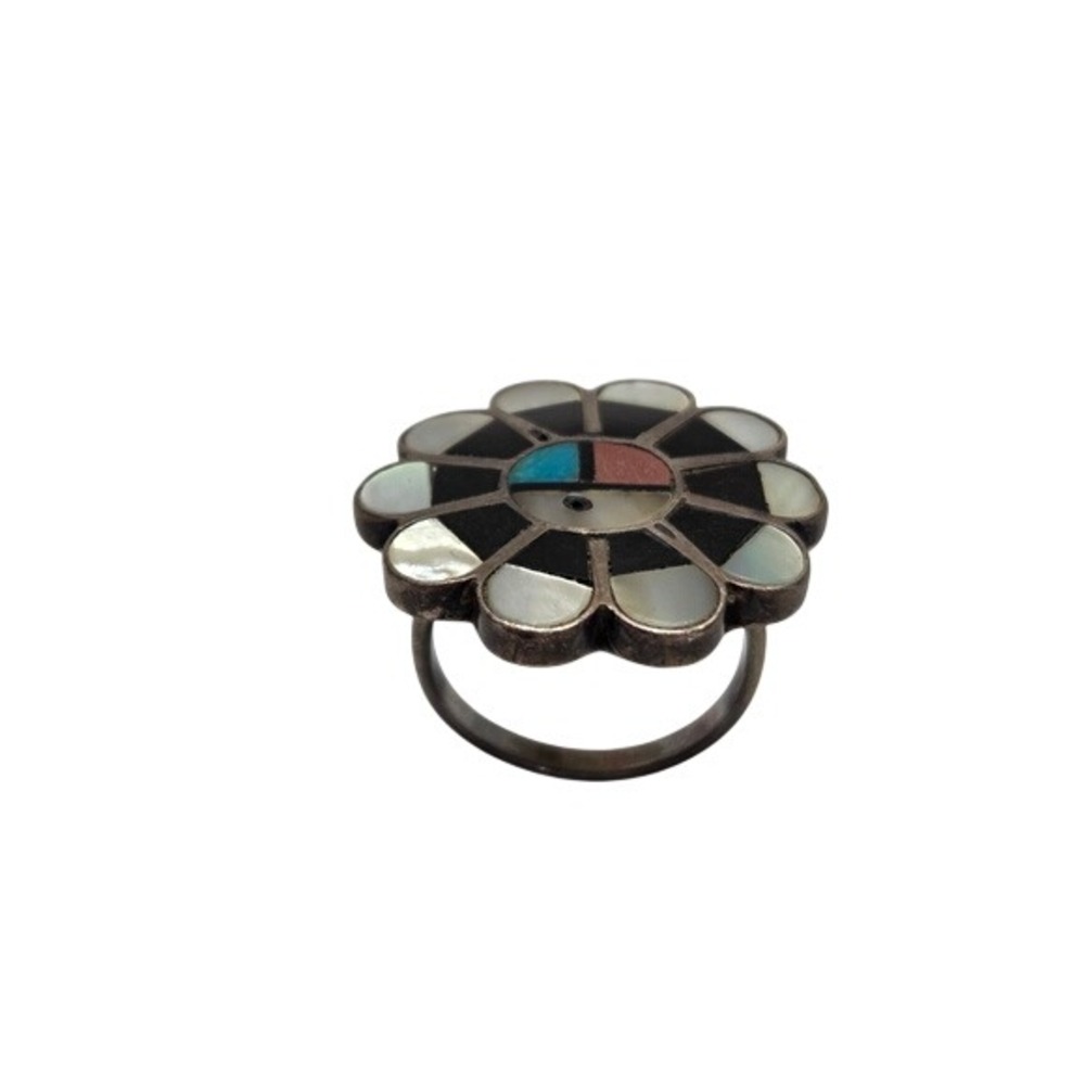 Zuni Ring Womens Size 7 Multi Sunface Inlay Sterling Silver Southwest Boho Artsy